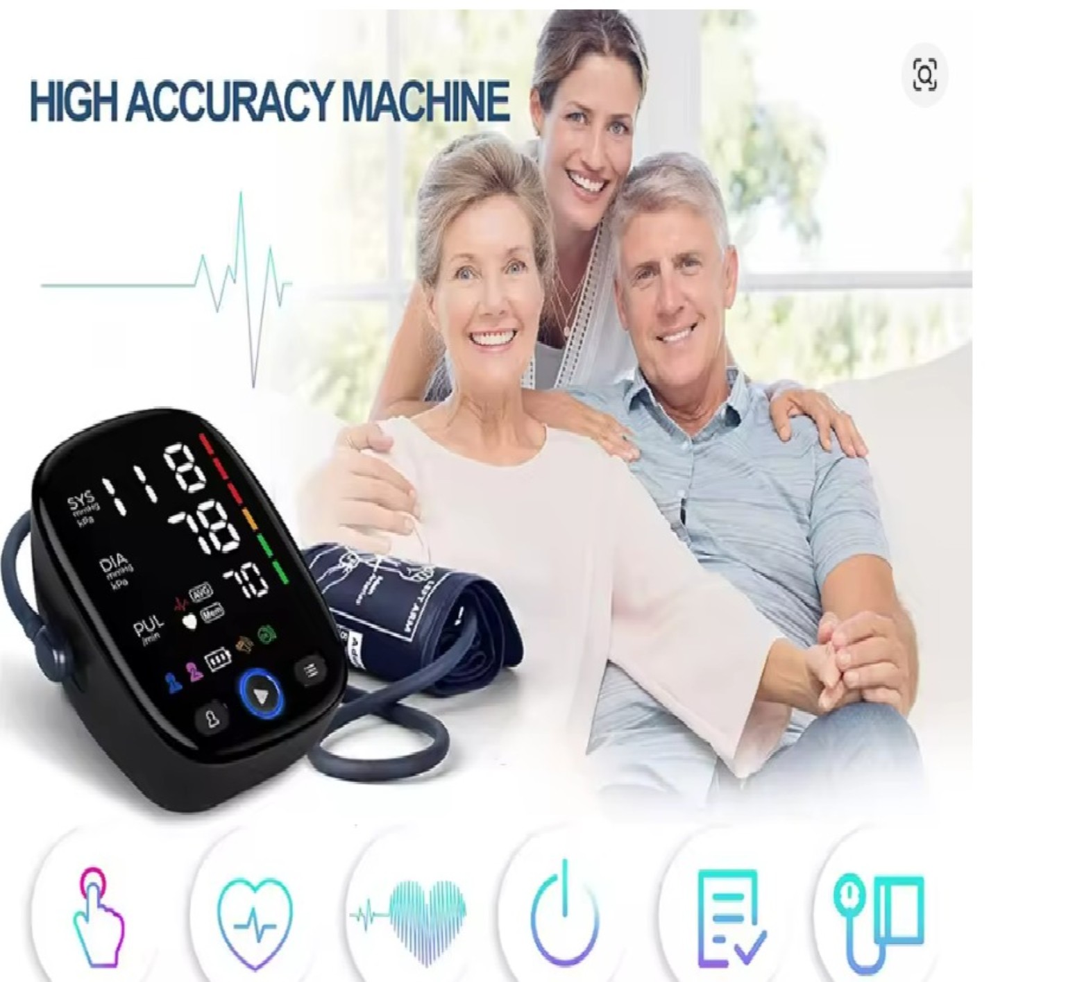 Supplied photograph showing a blood pressure monitor and home care setting